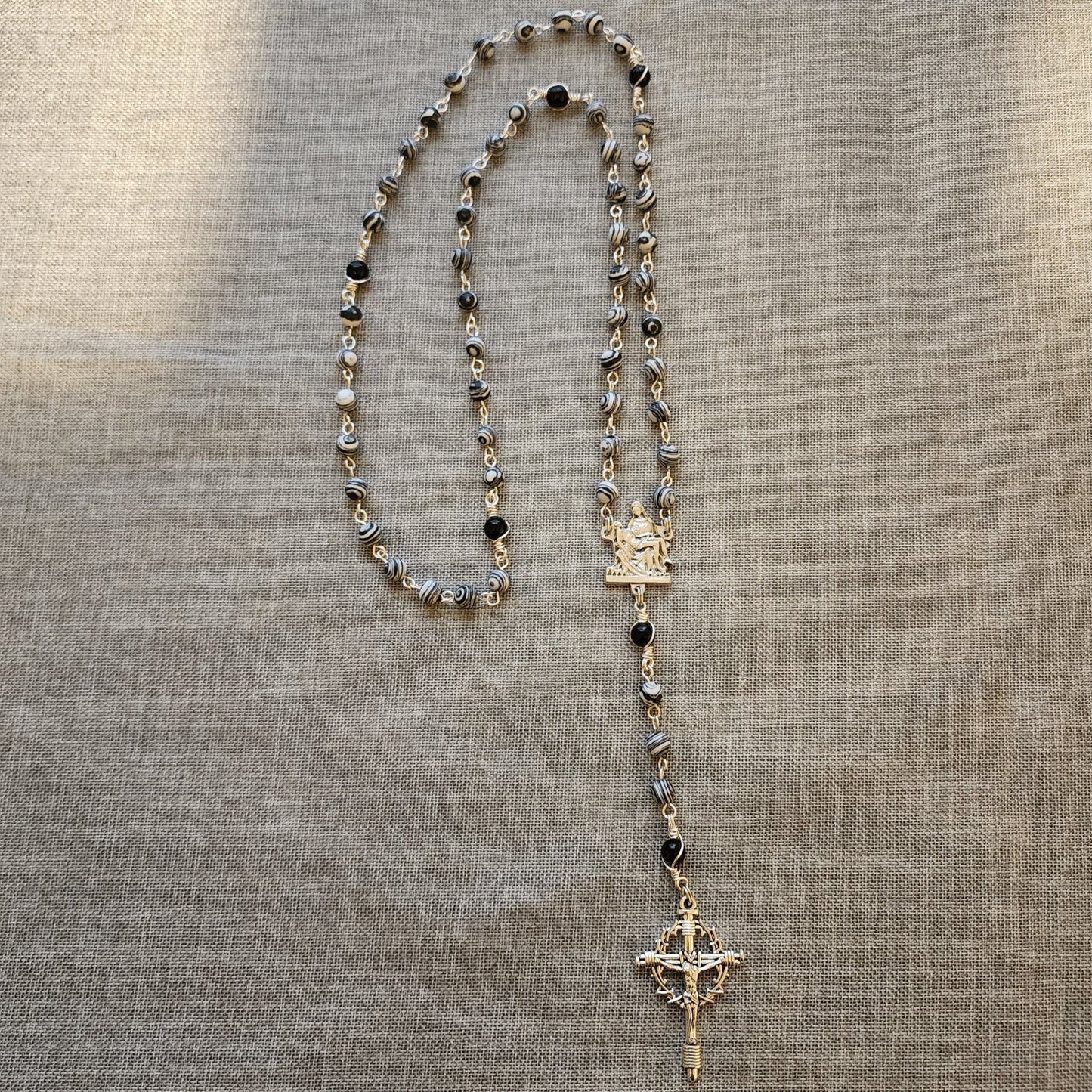 Rosary with Black and white Gemstones and Crown of Thorns Crucifix