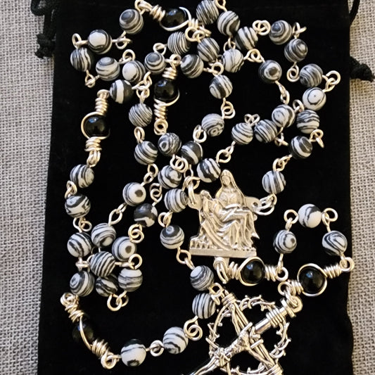 Rosary with Black and white Gemstones and Crown of Thorns Crucifix