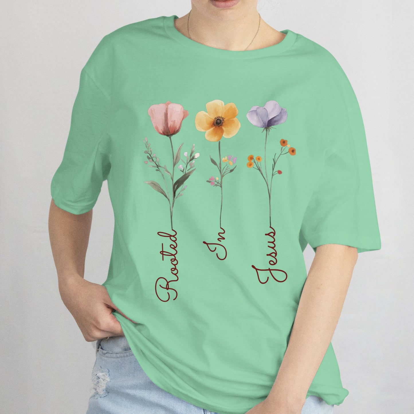 Floral Rooted In Jesus T-Shirt, Inspirational Tee, Spring Shirt, Christian Gift, Mothers Day Gift, Boho Shirt, Flower T Shirt