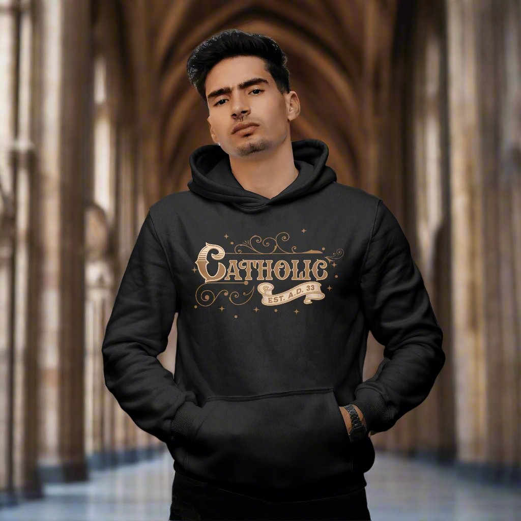 Catholic Est. A.D. 33 Hoodie Brown Graphic