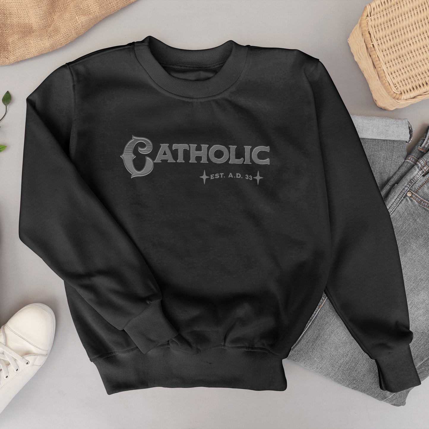 Catholic Est. AD 33 Sweatshirt Grey and Black Letters