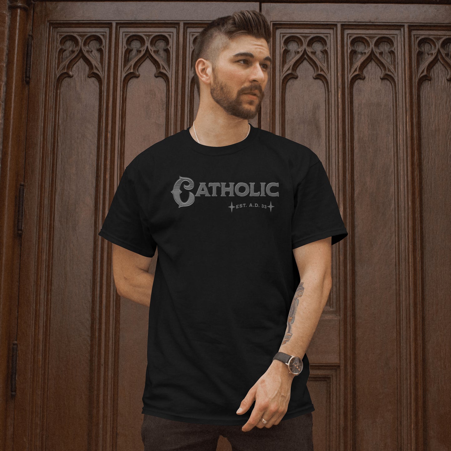 Catholic Est. AD 33 T-Shirt Grey and Black Letters