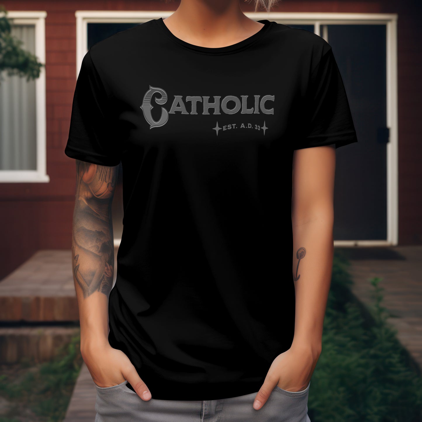 Catholic Est. AD 33 T-Shirt Grey and Black Letters