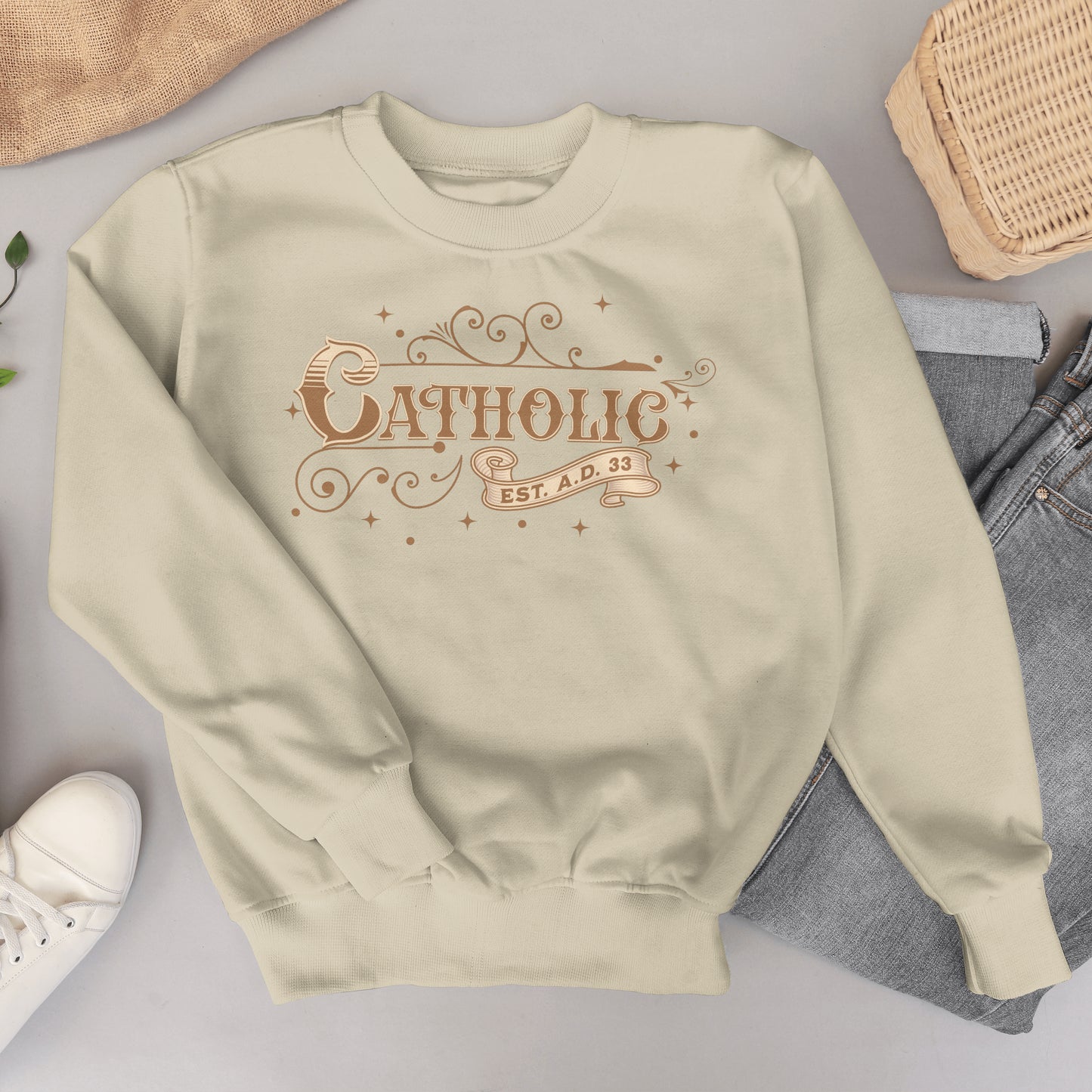 Catholic Est. A.D. 33 Sweatshirt Brown Graphic