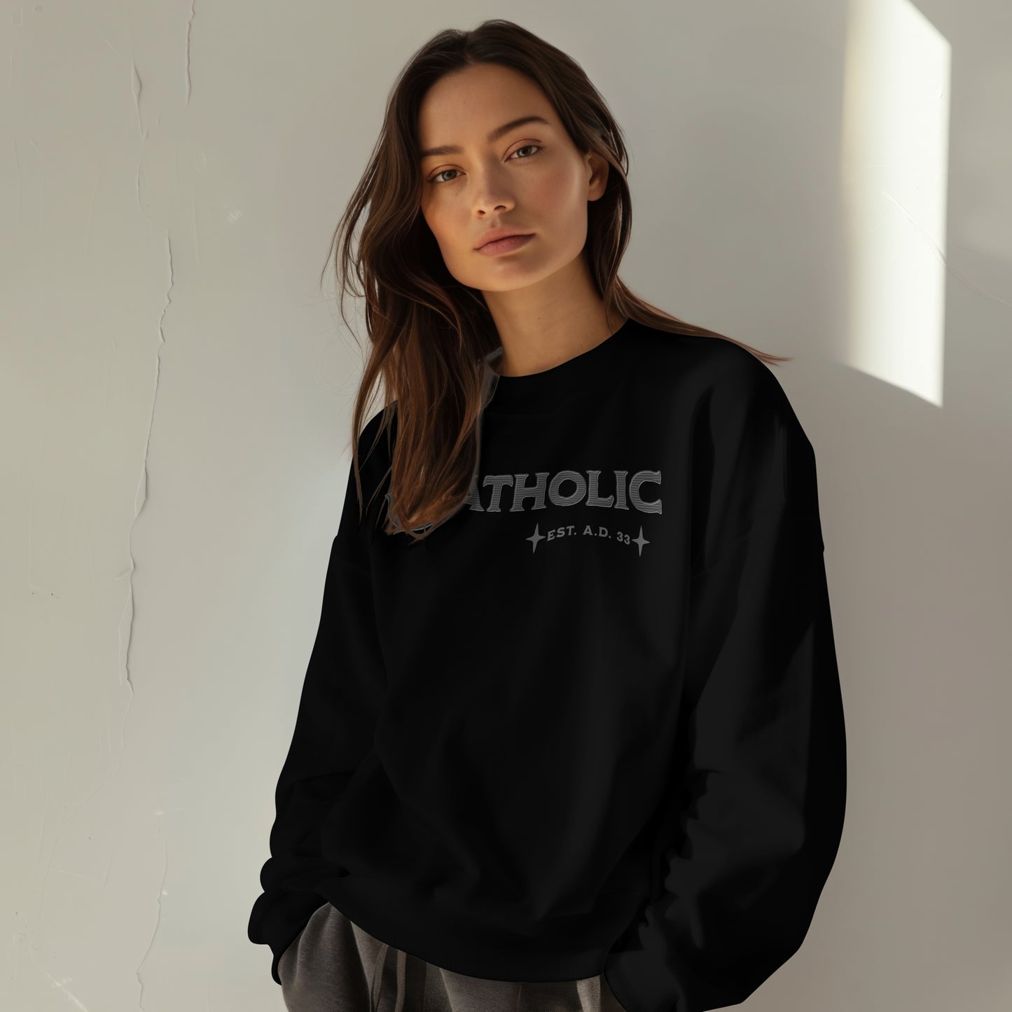 Catholic Est. AD 33 Sweatshirt Grey and Black Letters