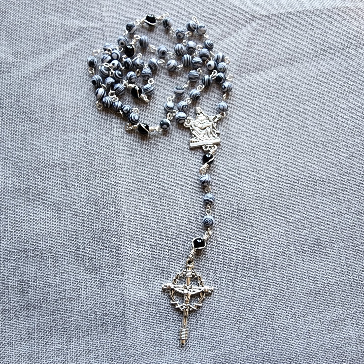 Rosary with Black and white Gemstones and Crown of Thorns Crucifix