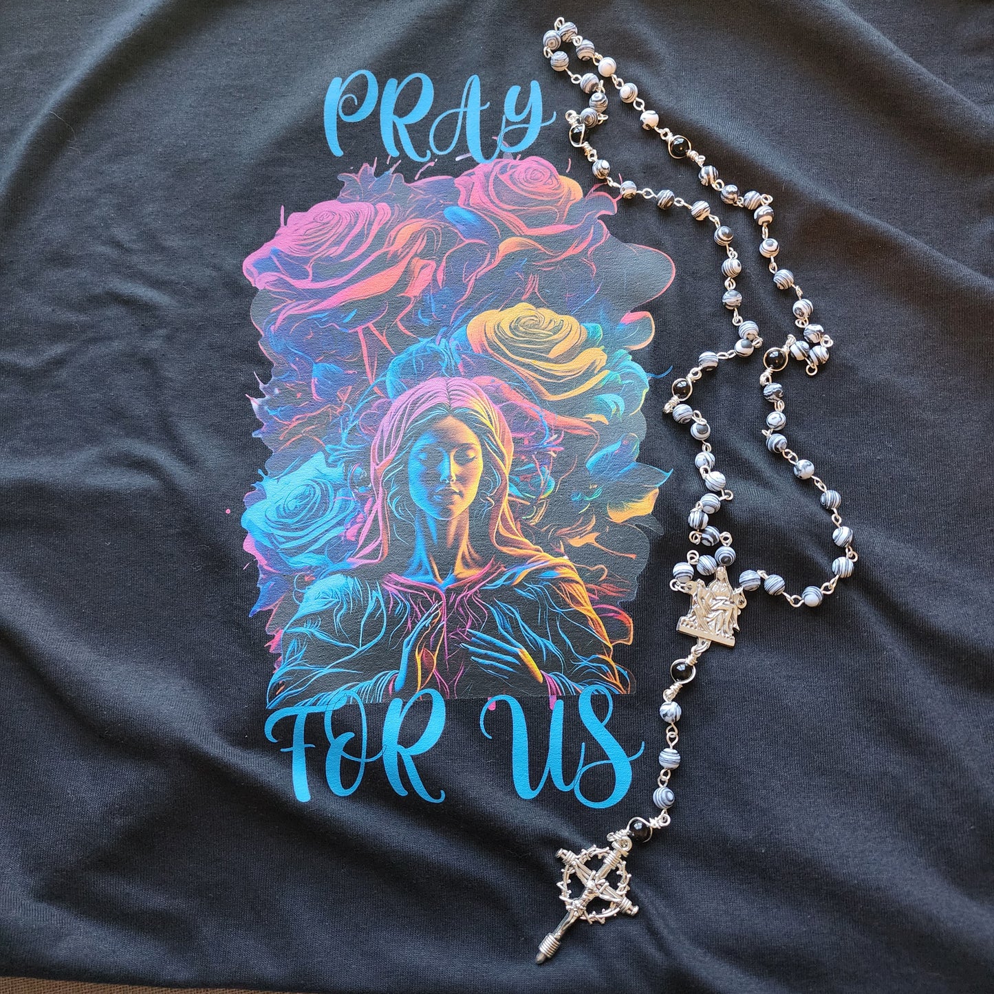 Rosary with Black and white Gemstones and Crown of Thorns Crucifix