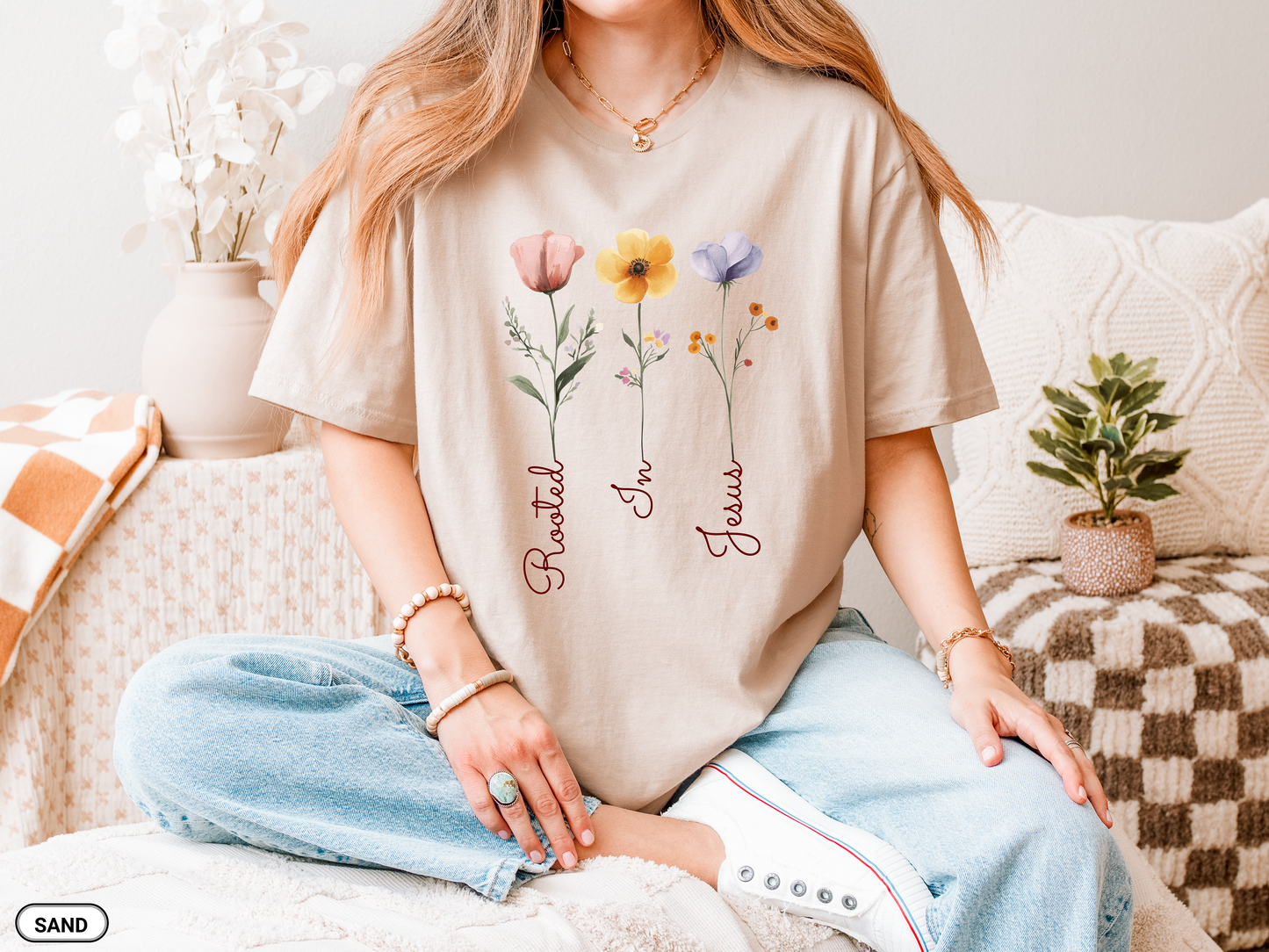 Floral Rooted In Jesus T-Shirt, Inspirational Tee, Spring Shirt, Christian Gift, Mothers Day Gift, Boho Shirt, Flower T Shirt