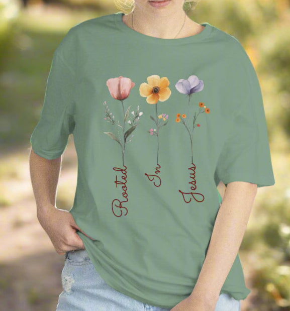 Floral Rooted In Jesus T-Shirt, Inspirational Tee, Spring Shirt, Christian Gift, Mothers Day Gift, Boho Shirt, Flower T Shirt