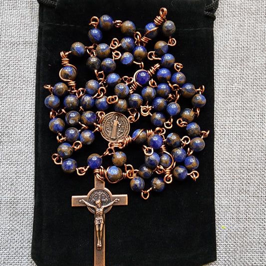 Rosary with Natural Chalcedony Blue Gemstones and St. Benedict Crucifix