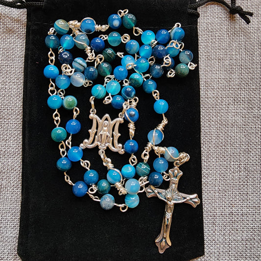 Rosary with Sky Blue Natural Striped Banded Gemstones